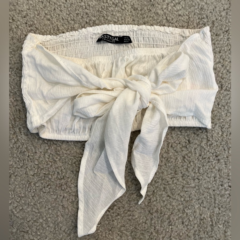 Nasty Gal Cream Tie-Front Crop Top